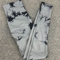 Damen Yoga-Hose mit hohem elastischem Bund, Batik-Print, knöchellang, aus Spandex/Nylon, gerippte Kanten, pfirsichfarben, Bauchkontrolle, Shapewear