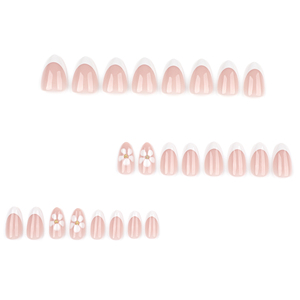 24 pièces/ensemble 3916 <span class=keywords><strong>Manucure</strong></span> française élégante avec des accents de fleurs blanches délicates, forme amande courte, ongles à presser personnalisables - Product Image 2