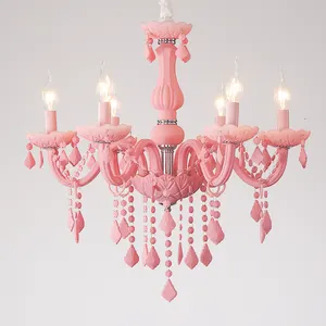 Candelabro de cristal Rosa contemporáneo, lámpara de techo para habitación de princesa, macarrón, decoración para el hogar y la sala de estar, iluminación