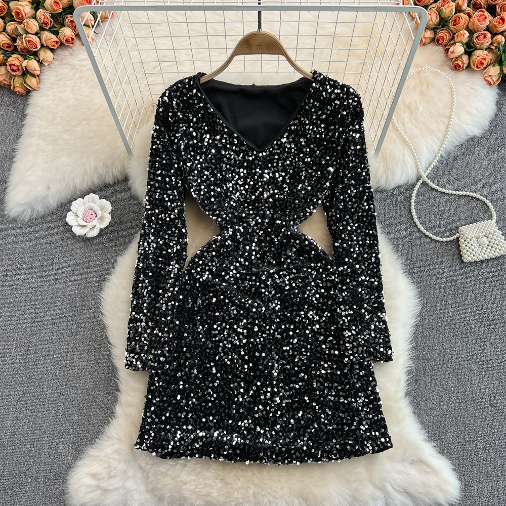 slim fit dress slacks Emma sequin rhinestone party dress beige / Festival Dress