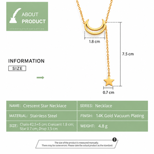 Collar con Colgante de Estrella Creciente, Acero Inoxidable, Chapado en Oro de 14K al Vacío, Colgante Asimétrico, Cadena Ajustable - Product Image 4