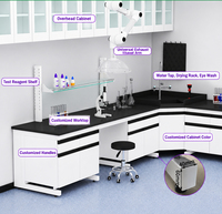 Table de laboratoire en acier et bois, plan de travail en époxy avec étagère à réactifs et armoire en verre pour laboratoire scolaire de chimie et de biologie SEFA8
