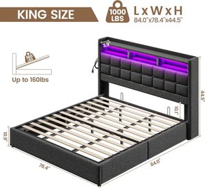 Nâng lên vua Kích thước khung giường với lưu trữ bọc Vua khung giường với trạm sạc và đèn LED đầu giường - Product Image 3