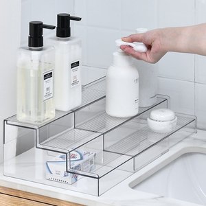 Rak Display Riser akrilik Bening, rak Display akrilik 4 tingkat untuk pengatur penyimpanan parfum kosmetik makanan penutup kue
