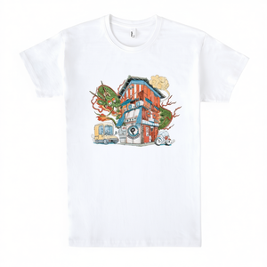 Camiseta Dragon Store blanca con diseño gráfico, camiseta promocional unisex - Product Image 2