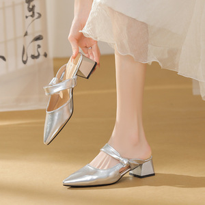 Premium Elegant Women's Bow Knot Heeled Sandals Pointed <b>Toe</b> Mid Heel Slingback Mules for Formal Occasions - Product Image 4