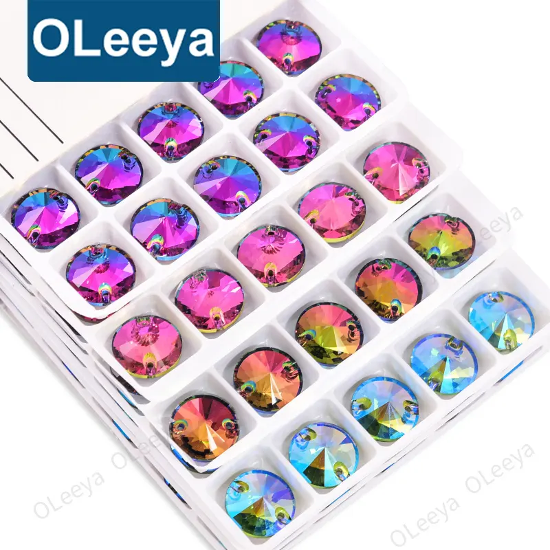 Oleeya फैक्टरी 5A बेवल दौर रिवोली आकार रंगीन स्फटिक क्रिस्टल अटल बिहारी ग्लास फ्लैट सीना पर सीना-पर स्फटिक के लिए कपड़े DIY