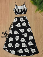 Set atasan dan rok maxi motif bunga hitam wanita, tali spaghetti, pakaian dua potong, gaya boho pantai, liburan musim panas, grosir, pesanan khusus