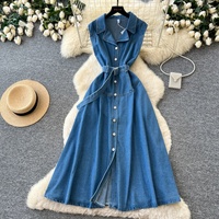 Robe décontractée en jean sans manches pour femme WIWT, coupe trapèze, col à revers, boutonnée, ceinturée, longueur midi