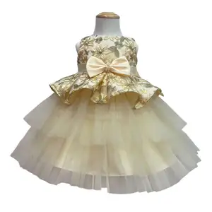 Robe de Soirée Superposée avec Nœud et Fleurs pour Enfant Fille de 6, 7, 8, 9 Ans