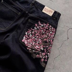 <span class=keywords><strong>Jeans</strong></span> Denim Y2K Americano Retrò con Ricamo a Fiore di Prugna, <span class=keywords><strong>Vita</strong></span> <span class=keywords><strong>Alta</strong></span>, Gamba Larga, Vestibilità Comoda per <span class=keywords><strong>Uomo</strong></span> e Donna - Product Image 2