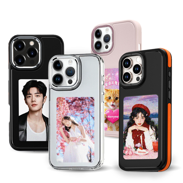 Smart DIY NFC Shockproof TPU+PC Luxury Camera Frame Holder for 16/15/14 Pro Max E-Ink Screen Wallpaper Display Case