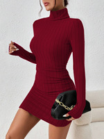 Robe pull moulante mini en maille côtelée bordeaux à col roulé et manches longues pour femme 2026 – Style automne-hiver ajusté en polyester pour soirée