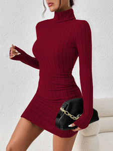 Robe pull moulante mini en maille côtelée <span class=keywords><strong>bordeaux</strong></span> à col roulé et manches longues pour femme 2026 – Style automne-hiver ajusté en polyester pour soirée - Product Image 1