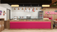 Comptoir de réception sur mesure pour café et bar, avec éclairage LED et façade ondulée, mobilier commercial pour magasin