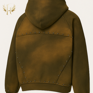 Sweat à capuche personnalisé lourd 480 g/m² vierge uni lavé à l'acide délavé au soleil avec rivets en métal et strass zippé pour hommes - Product Image 4