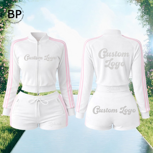 Completo da <span class=keywords><strong>donna</strong></span> <span class=keywords><strong>in</strong></span> velluto a due pezzi con giacca con zip e pantaloncini, design a righe a contrasto, all'ingrosso OEM - Product Image 1