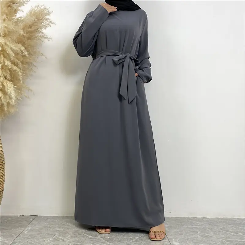 Grosir Online gaun Muslim wanita warna murni Turki Dubai pakaian Islami Abaya kain Nida sederhana dengan saku