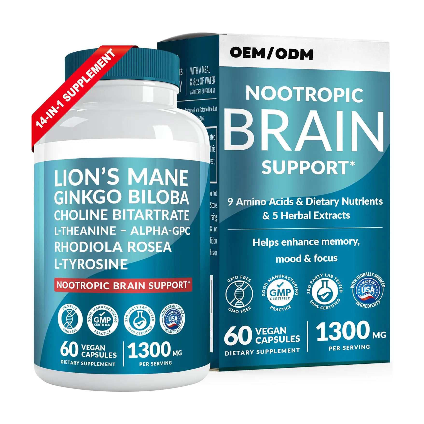 14-in-1 Lions Mane Herbal Supplement Capsules 1300mg per Serving Nootropic Brain Booster Ginkgo Biloba Memory Focus Supplements
