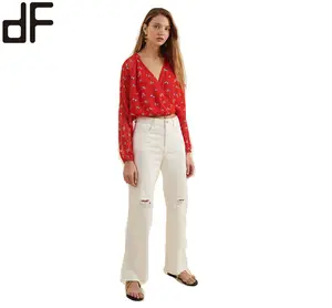 Day Look Fashion V Neck Tied Back Ladies Floral Print Blouse With Billowy Sleeves Blouse Red Color Latest Designs For Women