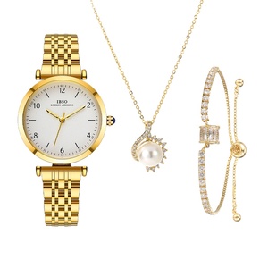 Ensemble de montres pour femmes de luxe en 3 pièces, montre en acier inoxydable doré à quartz, collier avec pendentif en perle et bracelet en cristal, ensemble cadeau élégant - Product Image 1