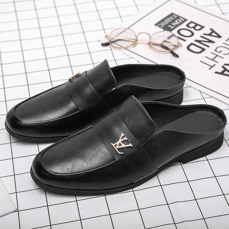 High Quality Black Men Dress Shoes Loafer Patent Leather Slippers Closed Toe Fashion Trend Half Slippers Summer Men's Shoes