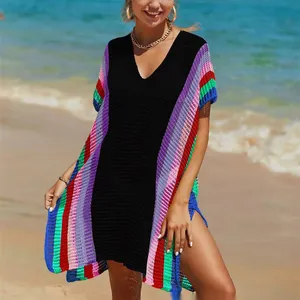 Gaun pelindung matahari Bikini liburan pelangi rajut berongga penutup pantai musim panas untuk wanita