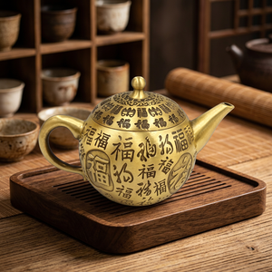 Théière traditionnelle chinoise en métal avec couvercle et poignée, design doré avec motifs, idéale pour les cadeaux - Product Image 3