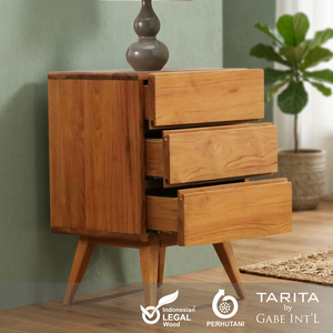 Mesa de Noche de Madera de Teca Sólida con Tres Cajones, Color Natural, Estilo Moderno Vintage, 45x37x65cm, Mueble para Dormitorio, TARITA RITZ - Product Image 3