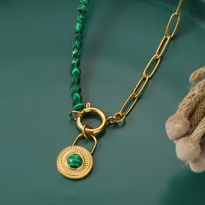 Top Selling Natural Malachite Round Coin Gemstone 14k Gold Plated Chain Dainty Minimalist Layering Necklace For Her