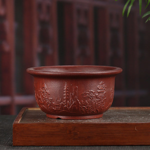<span class=keywords><strong>Pot</strong></span> de fleurs rond en Zisha à motif en relief antique, vente en gros, jardinière en argile violette multi-plantes pour arrangements bonsaïs mixtes - Product Image 2