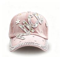 Casquette en jean avec joli patch de lettres et de fleurs en strass colorés, plusieurs couleurs disponibles, vente en gros
