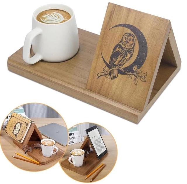 Customized Short Mini Wood Phone Stand for Bedroom Nightstand Triangle Book Cup Holder with Storage Box Packed for Living Room