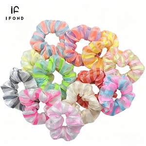 IFOND Nouvelle collection printemps-été : Élastique à cheveux en maille rayée colorée pour filles, idéal pour les queues de cheval et les chignons - Product Image 1