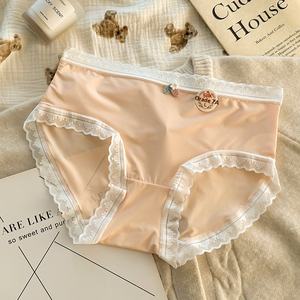 Pantalones de seda para mujer, estilo japonés, de cintura media, sin costuras, con encaje bordado, suaves para la piel, estilo hipster, dulces, sencillos y lisos. - Product Image 6