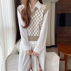 Chalecos sin mangas con diseño de tablero de ajedrez en varios colores, chalecos básicos con cuello en V, chalecos cortos de punto para mujer - Product Image 3