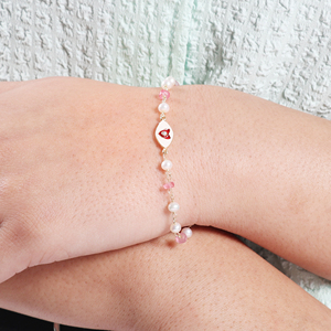 New Collection 925 <b>Sterling</b> <b>Silver</b> Gold Plated Rosary <b>Bracelet</b> with Enamel Heart <b>Charm</b> Pink Topaz and Pearls 18K Gold Plating - Product Image 3