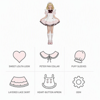 Ensemble de costumes Lolita pour femmes, robe rose douce à manches bouffantes, col avec nœud, jupe en dentelle, tablier à volants, cosplay pour fête d'Halloween