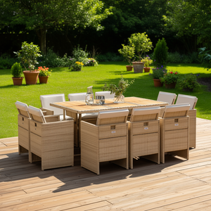 Set da Pranzo da Giardino in Vimini Beige per 8 Persone, Arredamento da Esterno Resistente alle Intemperie, Design Contemporaneo - Product Image 2