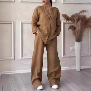 Women's Casual Suit Pink <b>Linen</b> Wide Leg Pants <b>Set</b> Loose Comfortable Artistic Retro Style S M L XL 2XL 3XL 4XL 5XL - Product Image 3