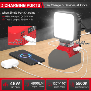 <span class=keywords><strong>Lampe</strong></span> de travail LED portable 48W 18V compatible avec la batterie <span class=keywords><strong>Milwaukee</strong></span> 18V avec port de charge USB et Type-C, <span class=keywords><strong>lampe</strong></span> LED rechargeable - Product Image 6