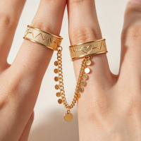 18K Vergoldeter Herzschlag-Gravur Ring mit Zwei Verbundenen Ringen und Pailletten-Kette, Doppelband-Ring für Frauen, Paar-Liebesversprechen