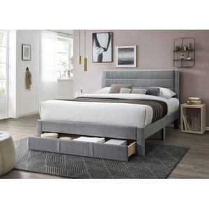 Luxury Modern Soft Bed Queen Size Storage Drawer Gray Corduroy Headboard <b>Pine</b> Wood Eco-Friendly Bedframe - Product Image 2