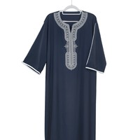 Jubah Pria Biru Dongker Bordir Geometris Putih di Bagian Leher, Jubah Muslim Pria Islami, Jubba Maroko, Kaftan, Pakaian Arab