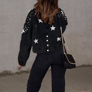 2025 OOTD Customize Beaded <b>Jeans</b> Washed Coats Long Sleeves Denim Embroidered <b>Buttoned</b> Women Jacket - Product Image 3