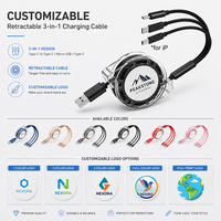Câble de charge multi-téléphone 3 en 1 avec logo personnalisé, promotion en gros, câble de charge rétractable USB avec boîte à bobine en cristal