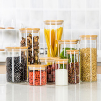 Toples Penyimpanan Kaca Bulat Bening Borosilikat Tinggi, Toples Penyimpanan dengan Tutup Bambu Kayu Kedap Udara untuk Bumbu Permen Kacang Spageti