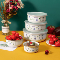 Lot de 5 bols de conservation en émail blanc avec couvercle en PP, motif floral personnalisé, pour cuisine, vente en gros d'usine, prix abordable
