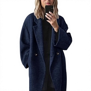 <b>Women's</b> <b>Navy</b> Double Breasted Wool <b>Coat</b> Notched Lapel Long Overcoat <b>Winter</b> Warm Outerwear - Product Image 1