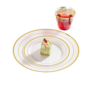 150 pièces Assiettes en plastique dorées, Vaisselle jetable pour fêtes avec couverts en plastique, Assiettes de présentation dorées en plastique - Product Image 1